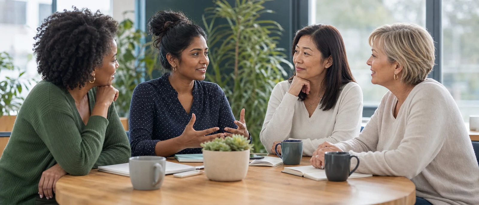 Multicultural women sharing a positive group conversation