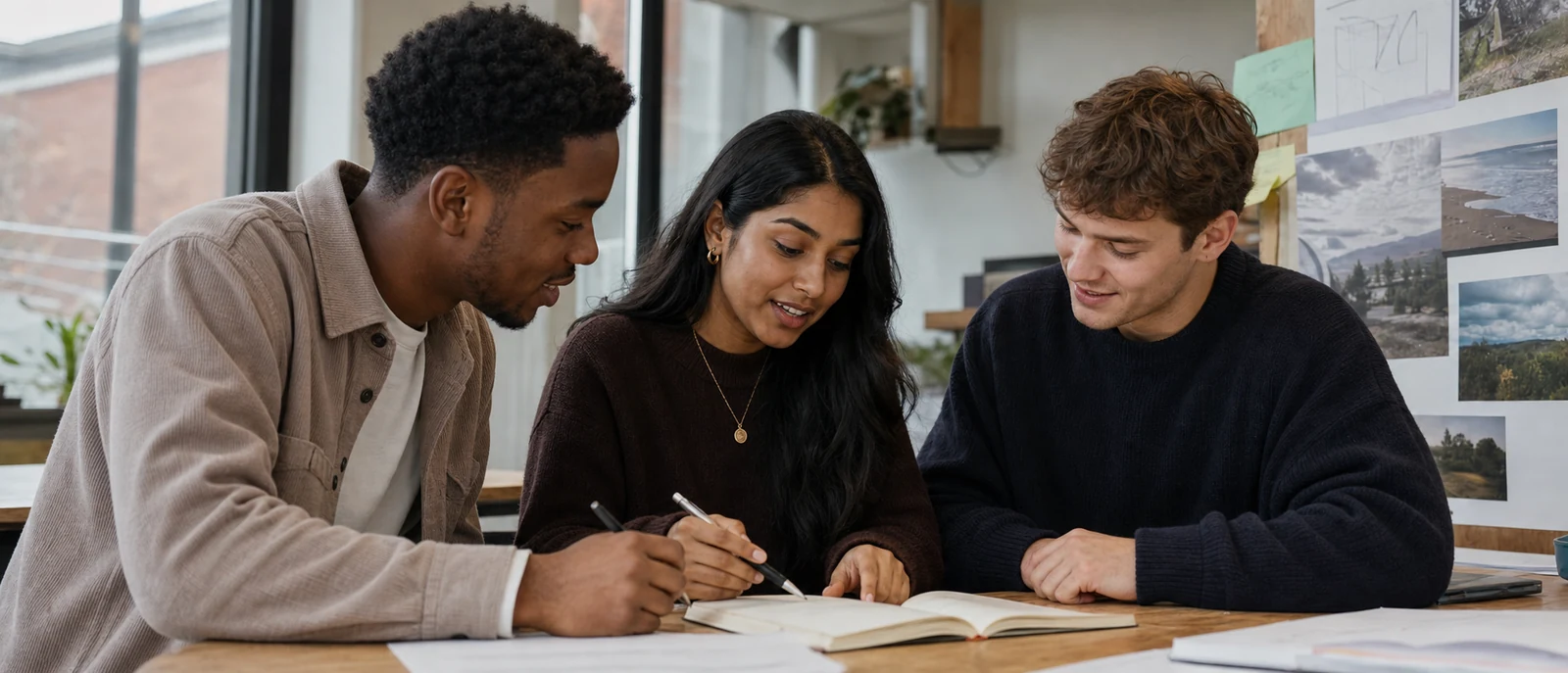 Multicultural young adults working together around a table